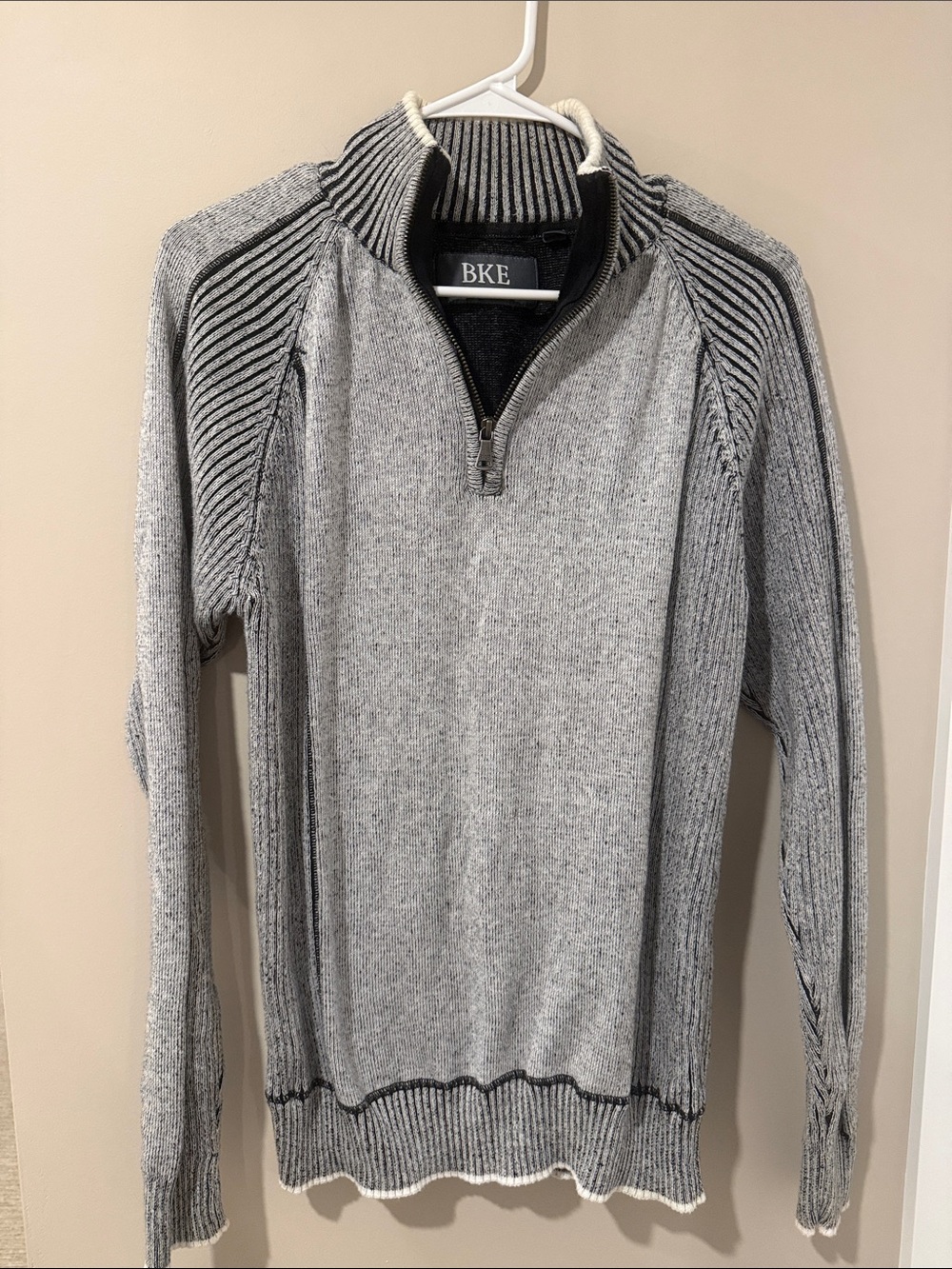 BKE Men's Light Gray Zip-Neck Sweater with Dark Trim